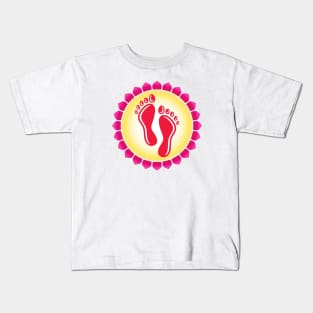 Sacred Footprint Sign in Hindu Religion in a Circle Created with Pink Lotus Petals Kids T-Shirt